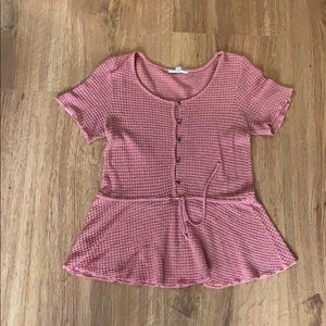 Coral colored button up knit short sleeve